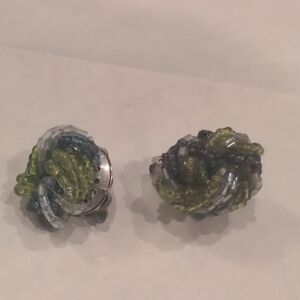 Beaded Floral Clip-On Earrings in Lime Green and Silver-Tone